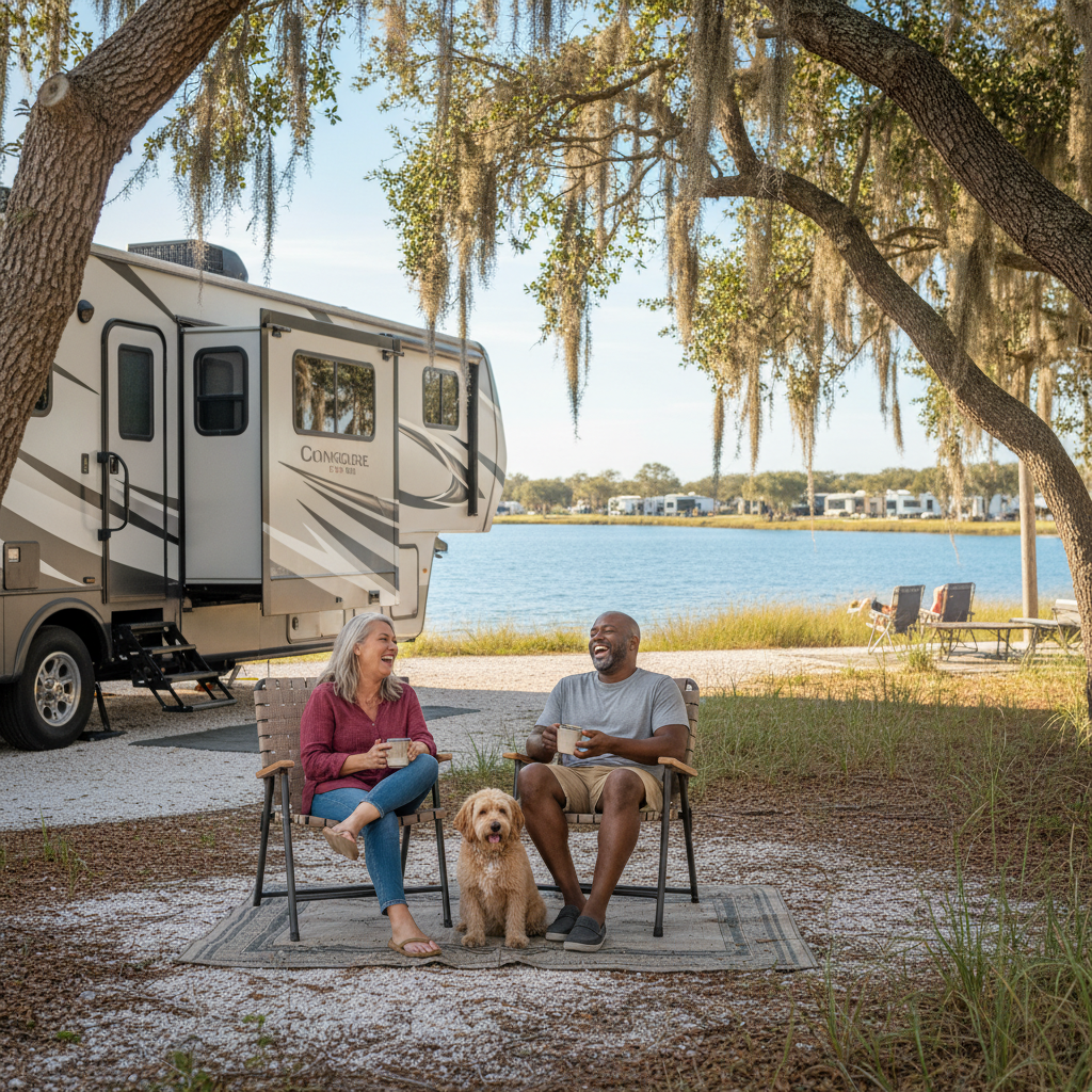 Happy family enjoying their RV resort community