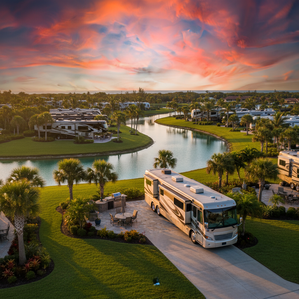 Beautiful RV resort overview at sunset
